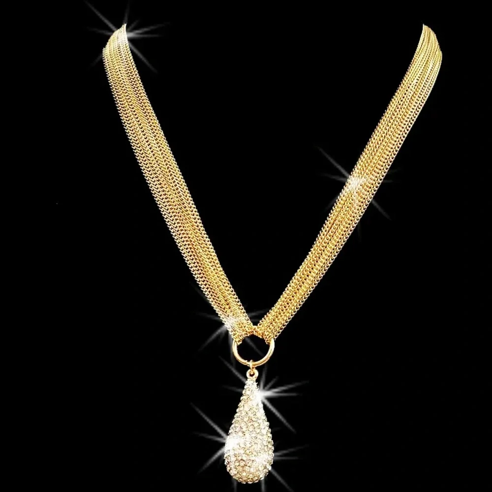 Micro Pave Set Crystal cz PEAR Tear Drop Dangle Chain statement Necklace Gold